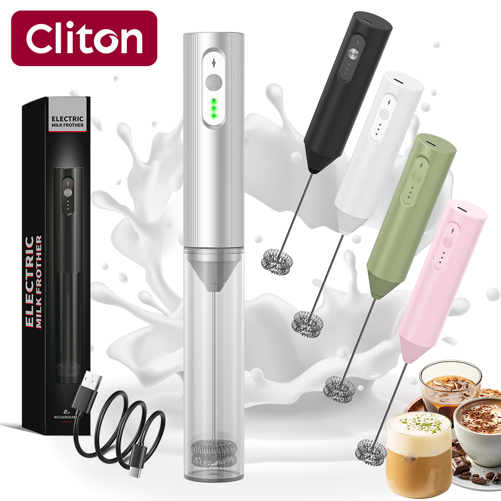 Electric Milk Frother Handheld - Cliton Electroplated Silver USB-C Rechargeable 3-Speed